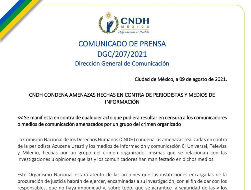 CNDH condenó amenazas del CJNG contra periodistas y medios de información