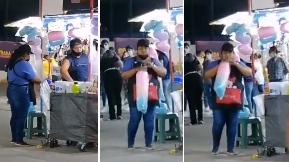 En pleno Covid, vendedora de algodón de azúcar infla con boca bolsa (Video)