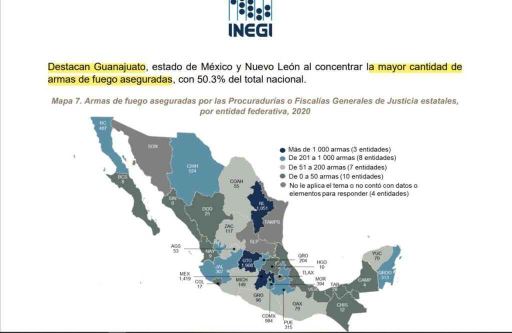 Estado de México, Guanajuato y Nuevo León son las entidades donde se han asegurado más armas de fuego *FOTO INEGI*