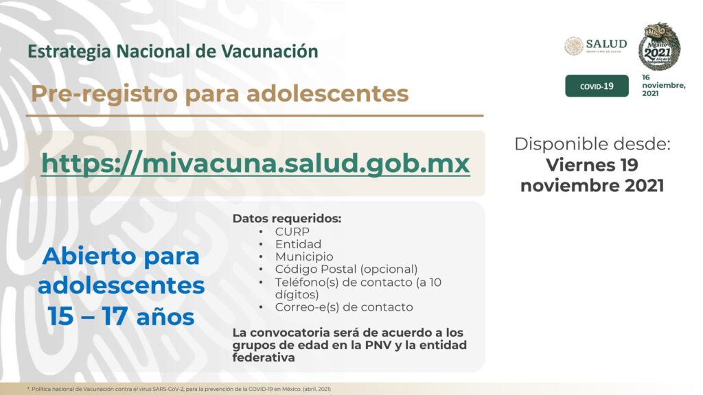 Inicia registro de vacuna anticovid para jóvenes de 15 a 17 años y menores con comorbilidades