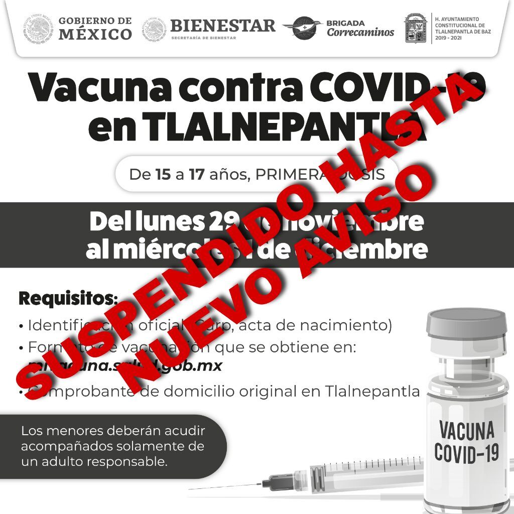 En Tlalnepantla suspende vacunación contra Covid de 15 a 17 años hasta nuevo aviso