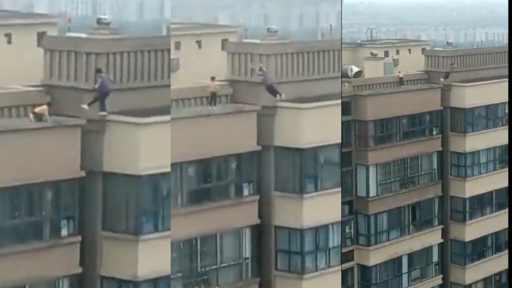 Sobre edificio de 22 pisos niños practican parkour