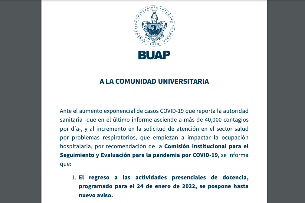 BUAP pospone regreso a clases presenciales por cuarta ola de COVID