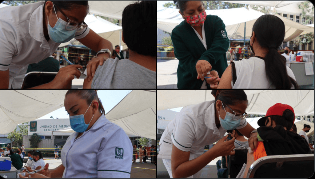Personal del IMSS participa en jornada de vacunación anticovid a menores de edad Foto: @Tu_IMSS