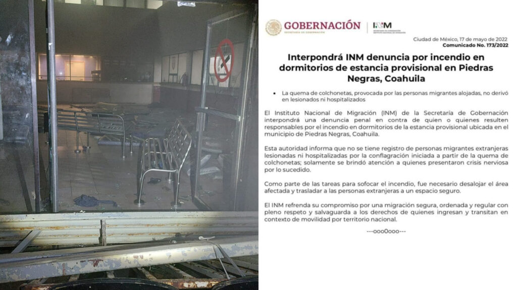 INM interpondrá denuncia por incendio en dormitorios de estancia provisional en Piedras Negras, Coahuila