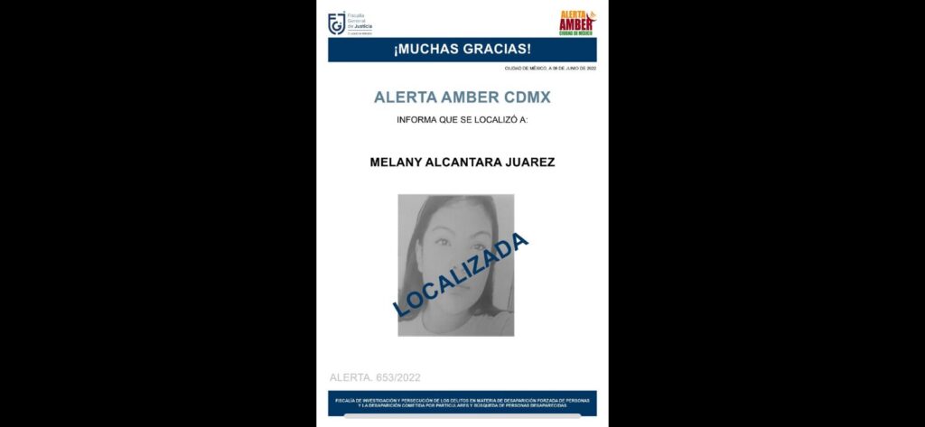 FGJ-CDMX localizó a Melany Alcántara Juárez, desaparecida en la alcaldía Iztacalco *FOTO FGJ-CDMX