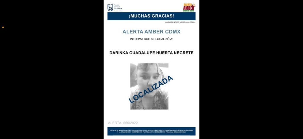 FGJ-CDMX localizó en el Edomex a Darinka Guadalupe, reportada como desaparecida en Azcapotzalco *FOTO FGJ-CDMX