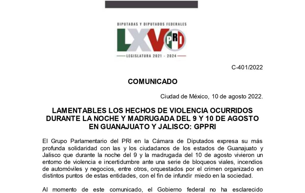Condena PRI violencia en Guanajuato y Jalisco; urge al gobierno blindar a ciudadanía de cualquier atentado