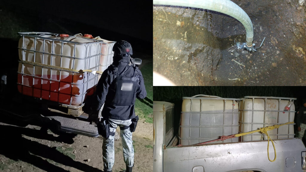 GN localizó en Pachuca una toma clandestina y aseguró contenedores con combustible de procedencia ilegal