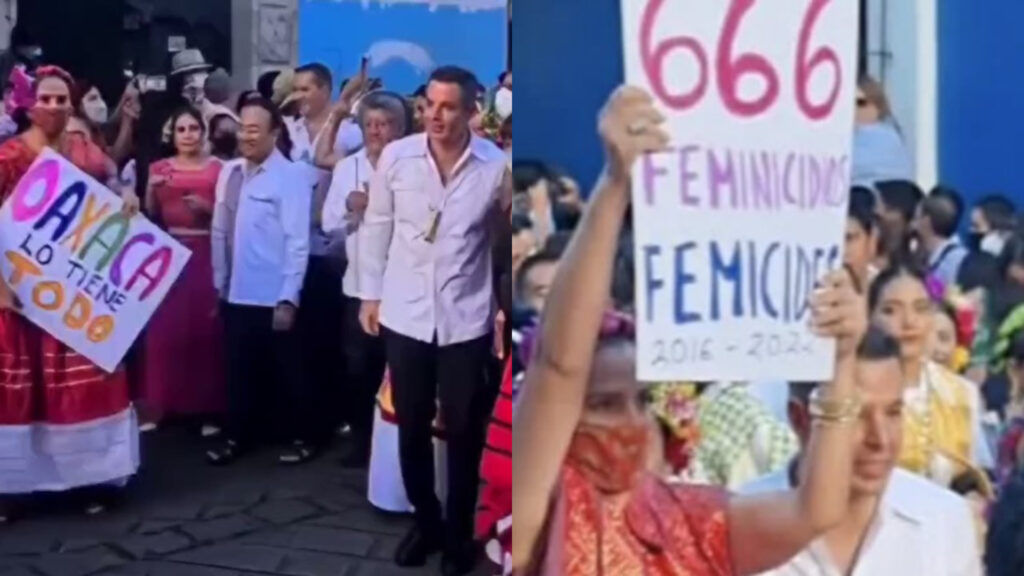Mujer pide foto a gobernador Murat y protesta contra los feminicidios en Oaxaca (Video)
