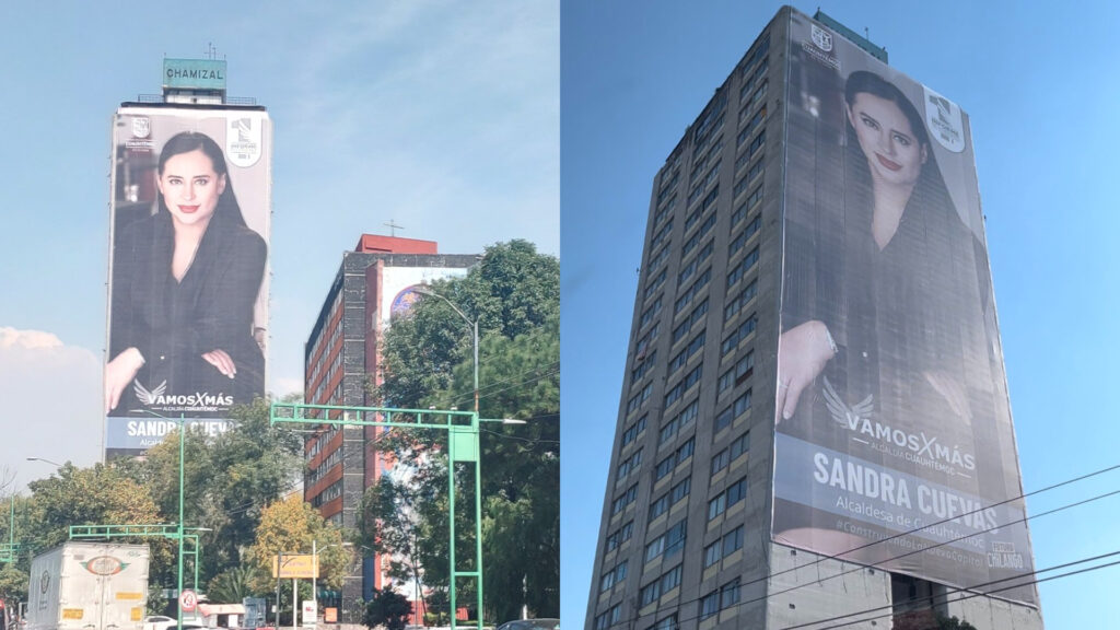Sandra Cuevas colocó sobre torres de viviendas publicidad, ciudadanos las quitan