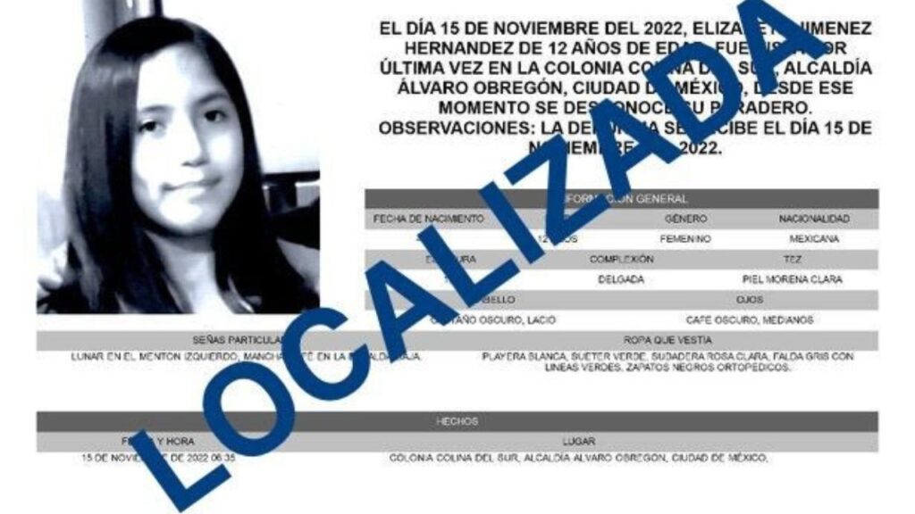 Localizan a Elizabeth Jiménez desaparecida desde el 15 de noviembre, en la alcaldía Álvaro Obregón