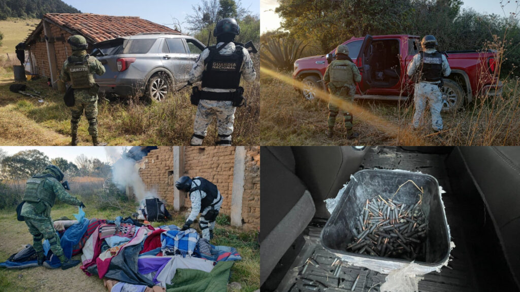 SEDENA y GN desmantelan campamento clandestino, aseguran vehículos, cartuchos y cargadores en Michoacán