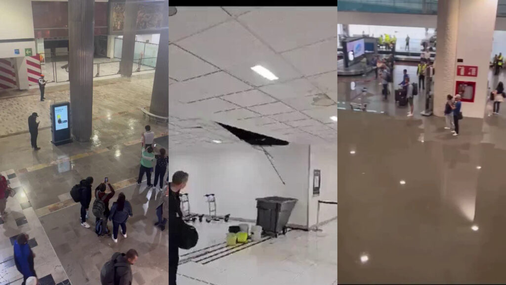 Por lluvias colapsa plafón y se inunda Terminal 1 de AICM